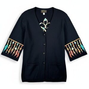 Bob Mackie Wearable Art Cardigan Sweater Small Black Embroidered Dreamcatcher